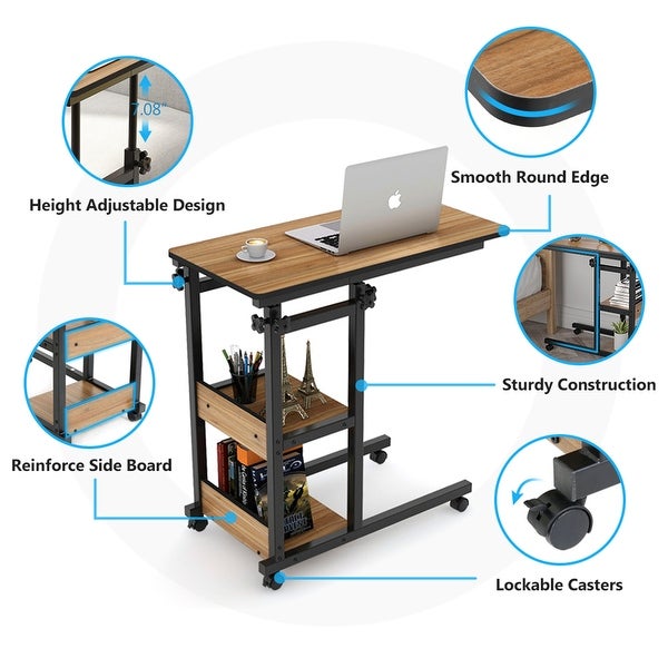 Height Adjustable C Table, Sofa Side Tables, Mobile End Table with Storage Shelves