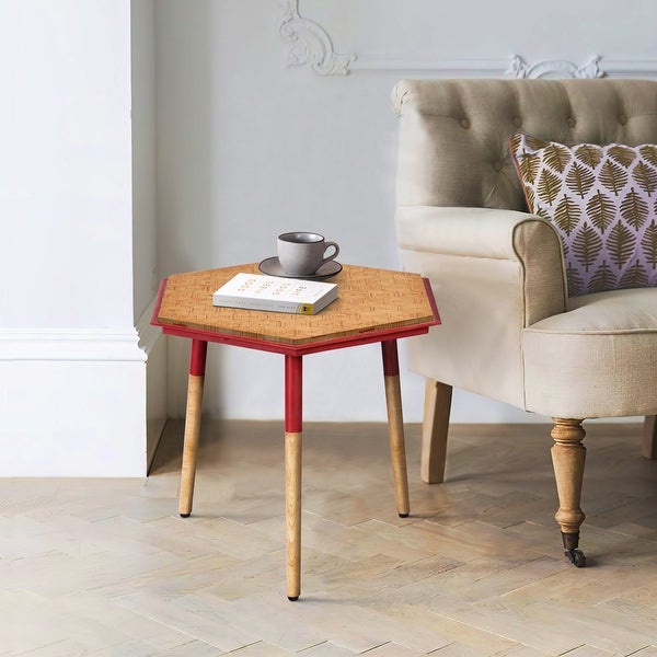 Paige 18 Inch Hexagon Illusion Wood Side Table, Brown, Red