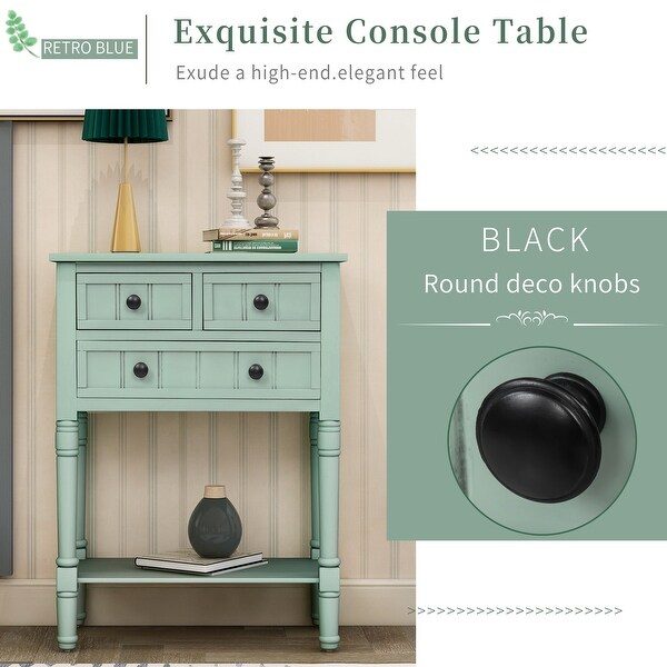 Narrow Console Table with 3 Storage Drawers and Black Round Deco Knobs, Slim Sofa Table with Bottom Shelf, Antique Blue