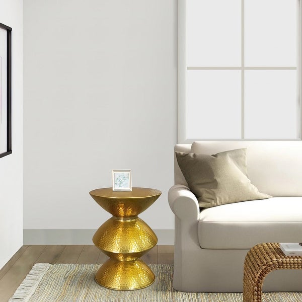 21 Inch Round Aluminum Side End Table, Hammered Embossed Metal Surface, Turned Pedestal Base, Gold - 14.5 L x 14.5 W x 20.5 H