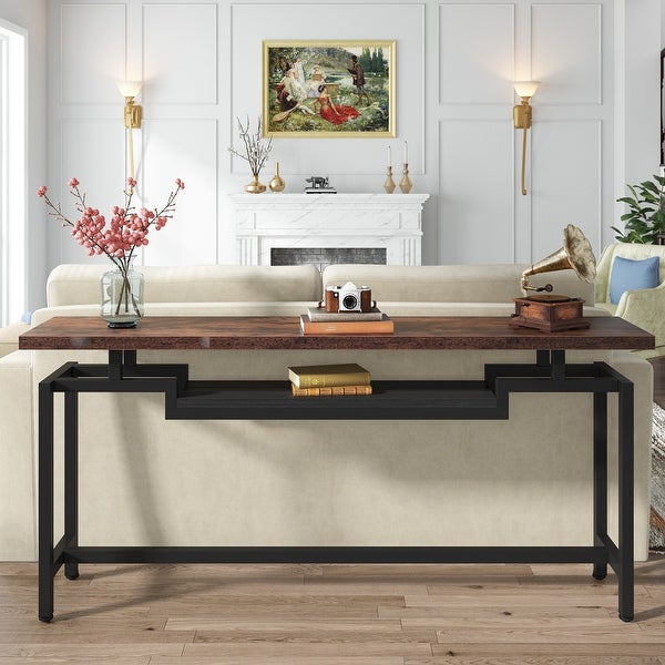 Brown/ Black 70.86 Inches Industrial Extra Long Console Entryway Table, White/ Gold Modern 2-Tier TV Stand
