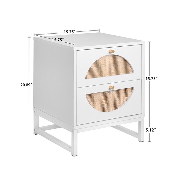 Allen 2 Drawer Nightstand Set of 2,White,Natural Rattan,Display Rack for Bedroom and Living Room