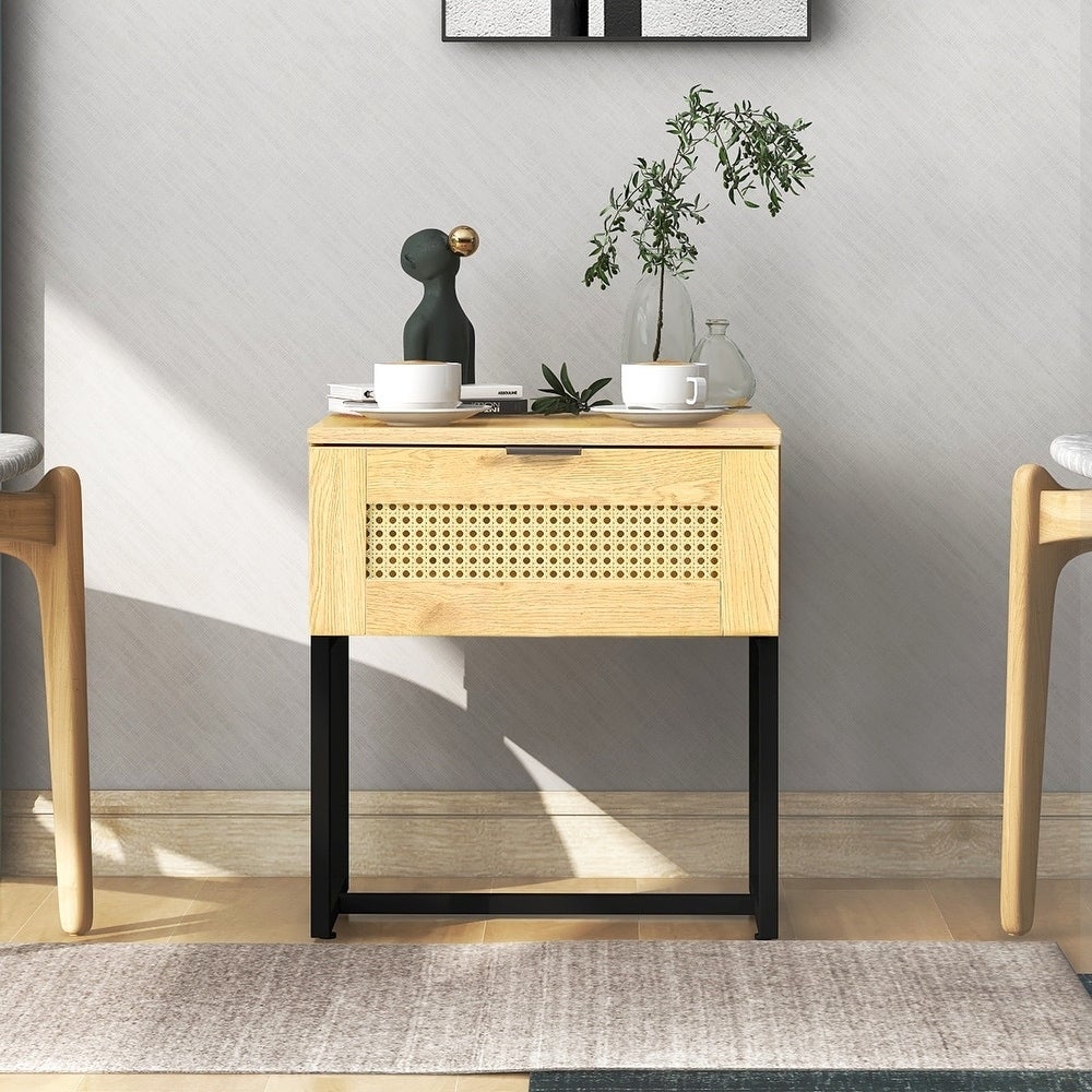 Nightstand, Side Table with Wicker Rattan