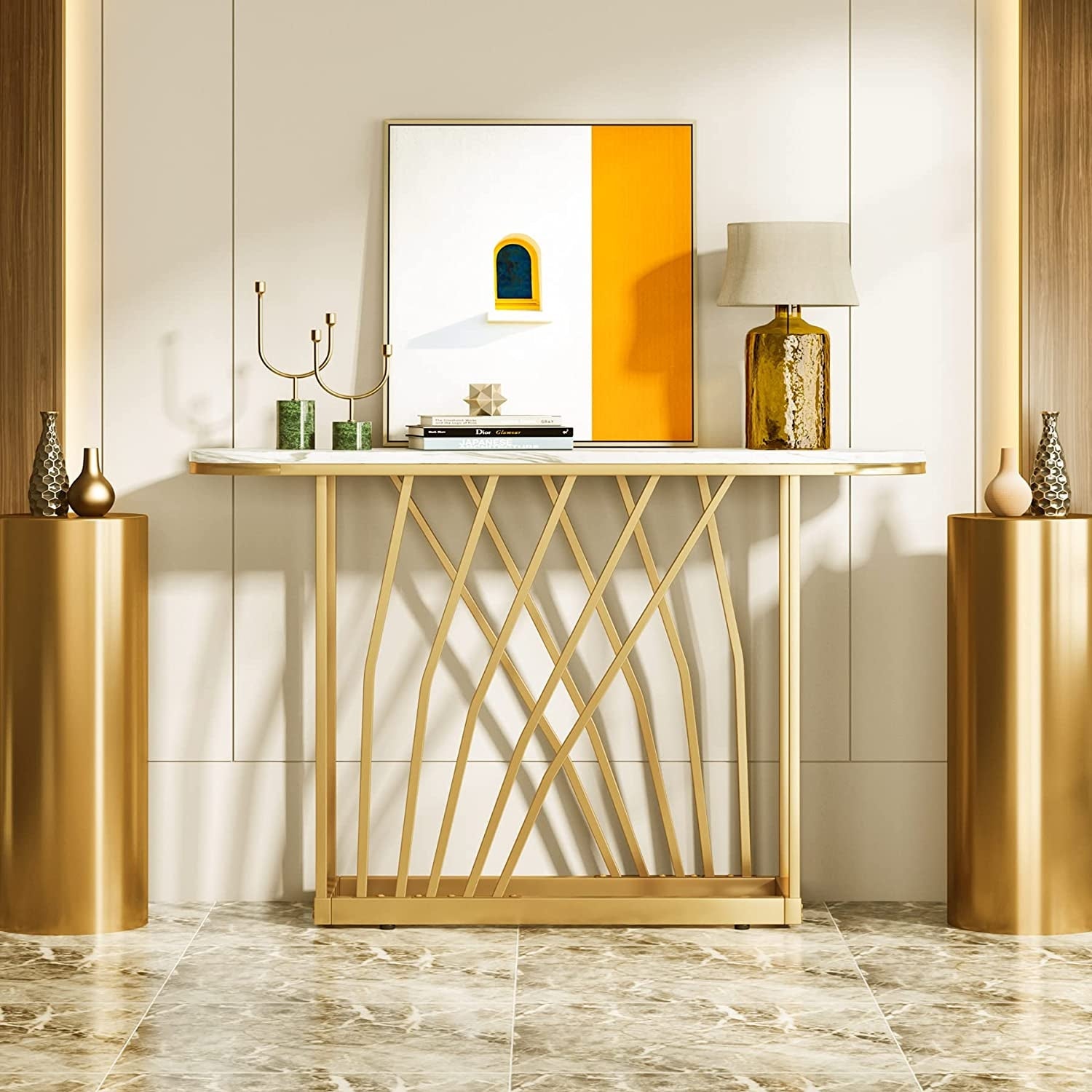 Luxurious Gold Console Table, Faux White Marble and Metal