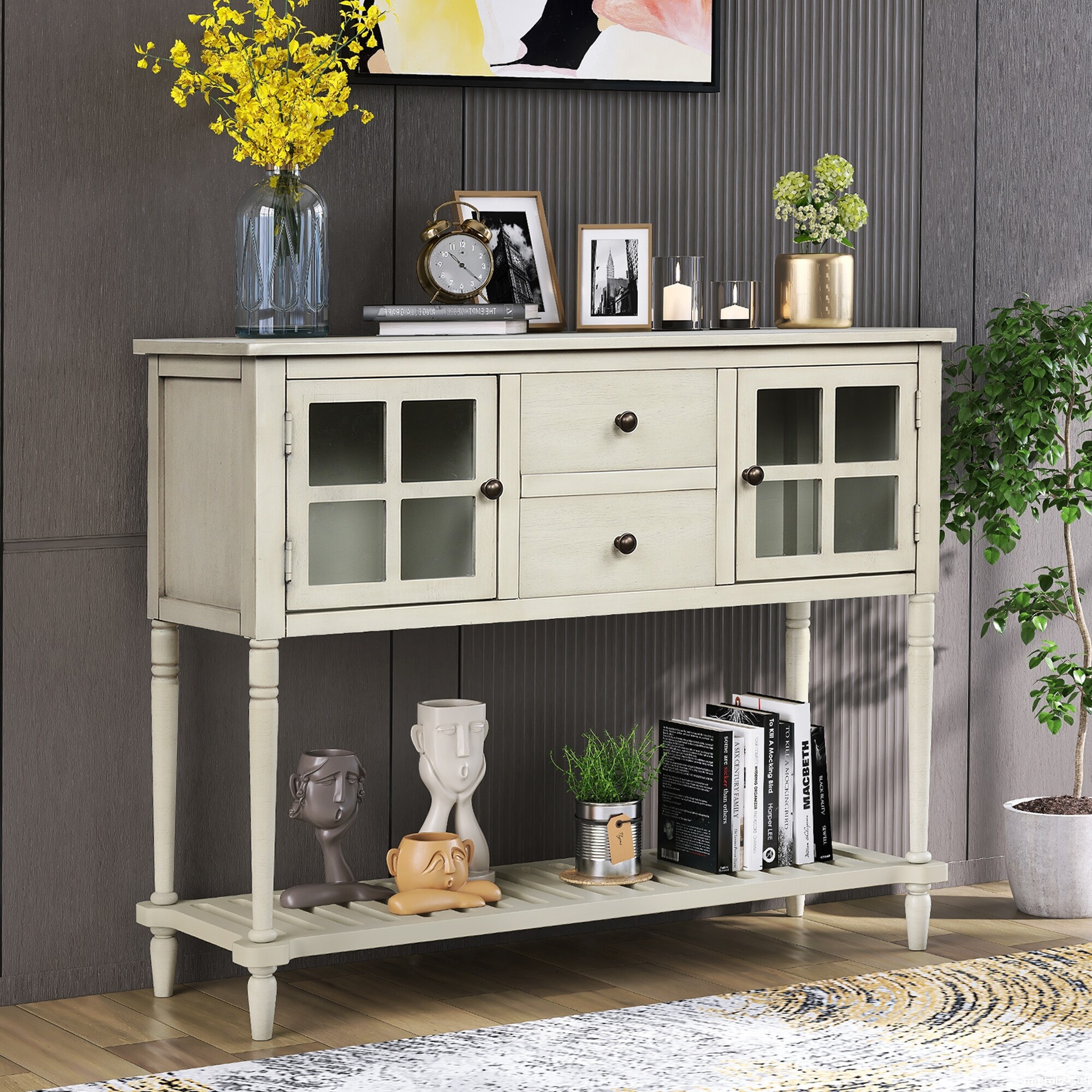 Sideboard Console Table with Bottom Shelf, Farmhouse Wood Glass Buffet Storage Cabinet Living Room Antique Grey