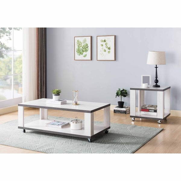 Q-Max Two-Toned End Table with Casters, Side Table with Bottom Shelf, White Oak and Distressed Grey Finish