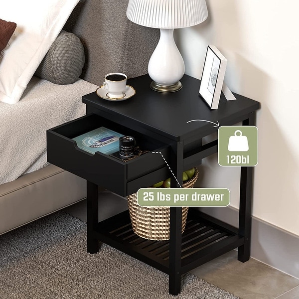Modern Square End Table with Drawer and Open Shelf, Black