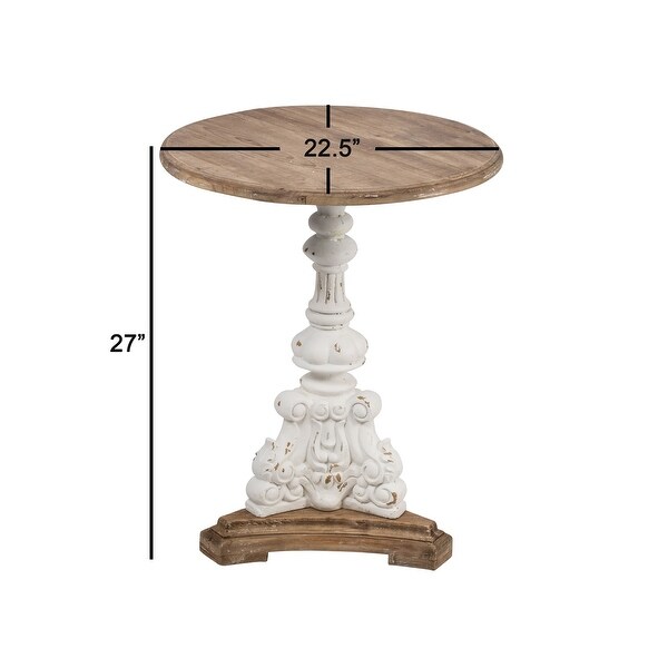 27 Inch Side End Table, Mango Wood, Round, Turned Pedestal, White, Brown
