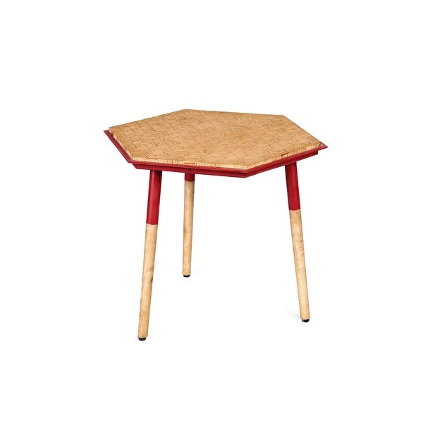 Paige 18 Inch Hexagon Illusion Wood Side Table, Brown, Red