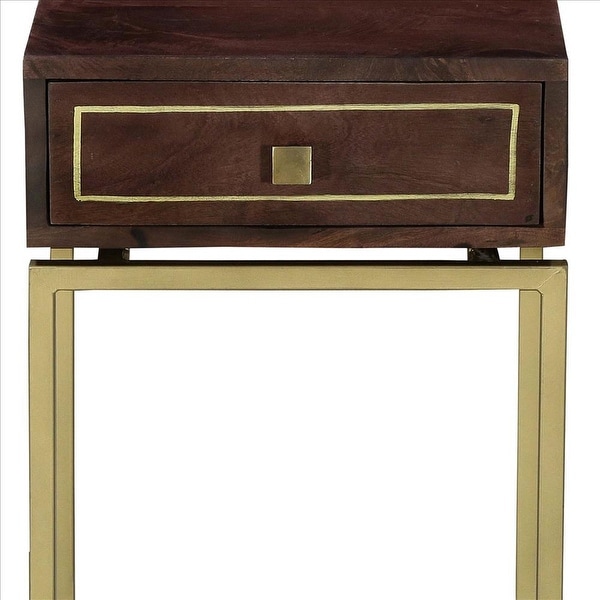 Bedside Table with 1 Drawer and Tubular Metal Legs, Brown and Brass - Brown and Brass - 22 H x 16 W x 15 L Inches