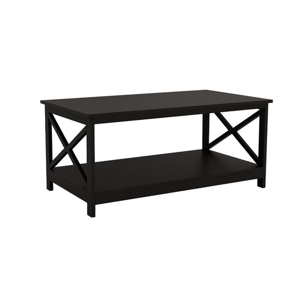 Coffee Table 39.56 in. L, X leg End Table with Bottom Shelf, Black