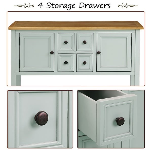 Wooden Console Table with 4 Storage Drawers and 2 Cabinets, Sofa Table with Bottom Shelf and Solid Wood Legs, Lime White