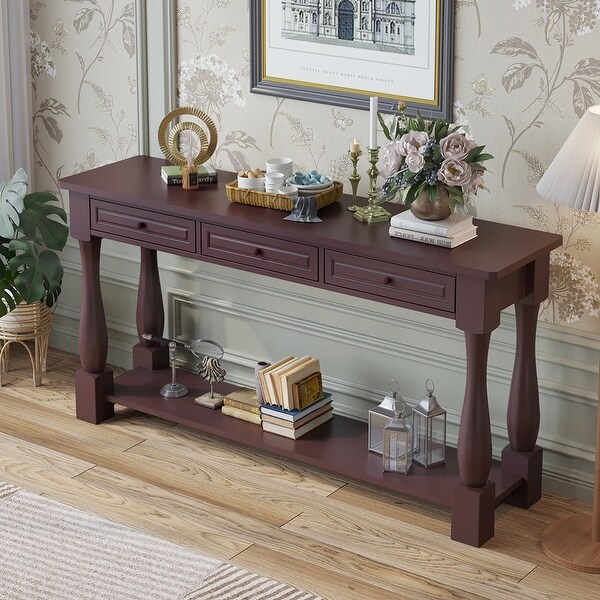 Sofa Table with Storage Drawers and Bottom Shelf, Wood Console Table