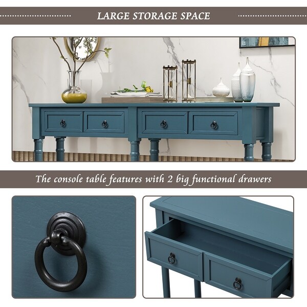 Rustic Wooden Console Table with 2 Storage Drawers and 1 Fixed Lower Shelf, Sofa Table with Round Deco Knobs, Antique Navy