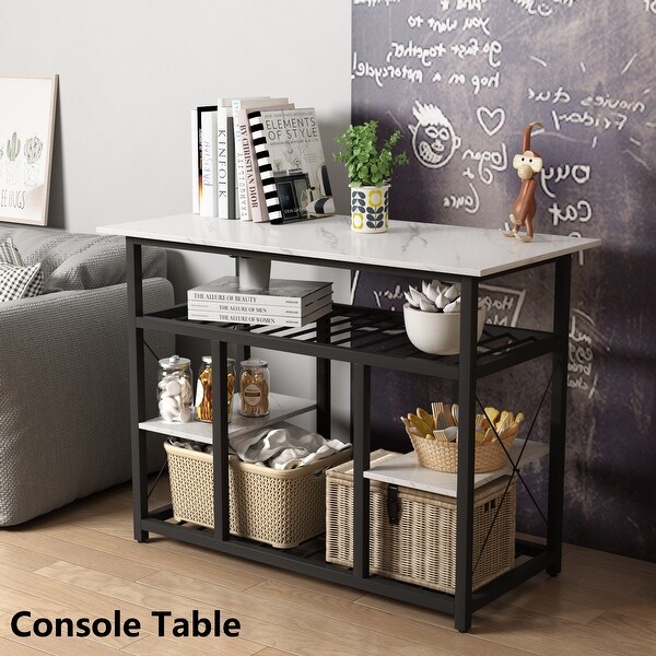 Kitchen Island with 4 Open Shelves(2 Side Shelves) and Wood Surface, Multifunctional Counter Height Prep Table, Marble