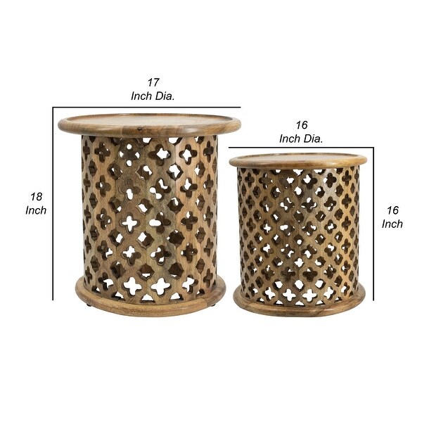 18, 16 Inch Side Tables, Mango Wood, Quatrefoil Design, Set of 2, Brown