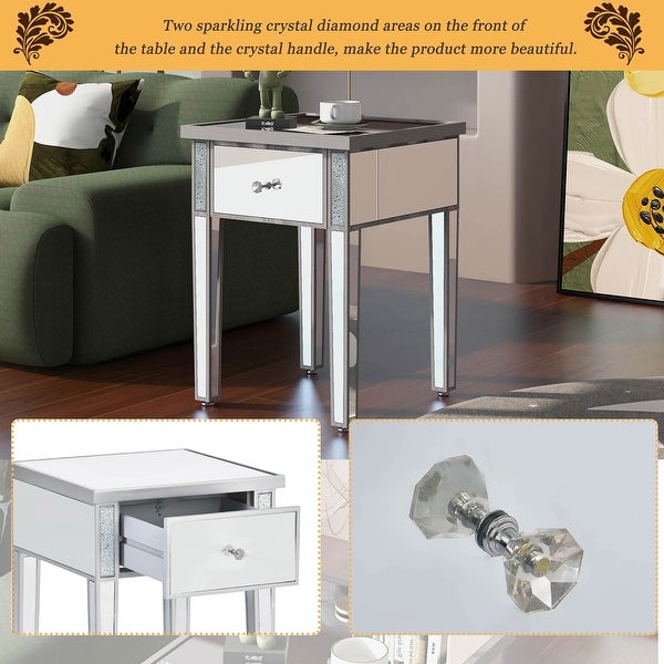 Modern Glass Mirrored End Table w/Drawer, Corner Table for Living Room