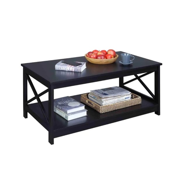 Coffee Table 39.56 in. L, X leg End Table with Bottom Shelf, Black