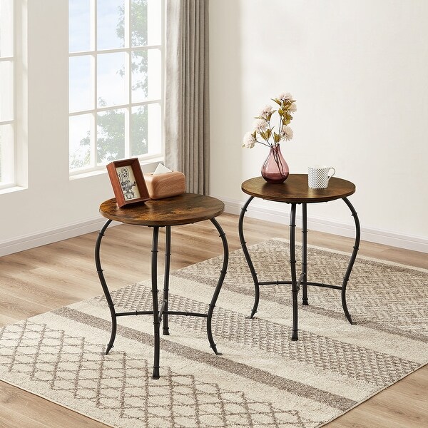 VECELO, ( Set of 2 ) Industrial Round Side Table/End Table, Rustic Brown