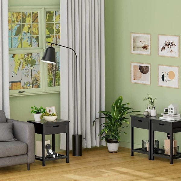 Modern Square End Table with Drawer and Open Shelf, Black