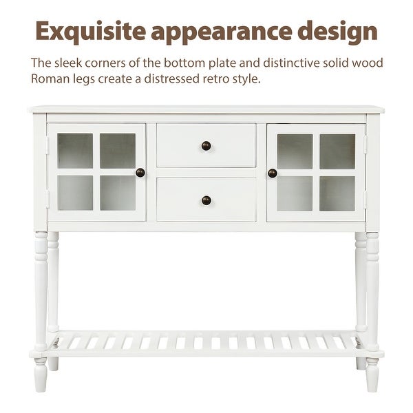 Farmhouse Distressed Sideboard Buffet Console Table with 2 Glass Front Cabinets, 2 Drawers and Slatted Bottom Shelf