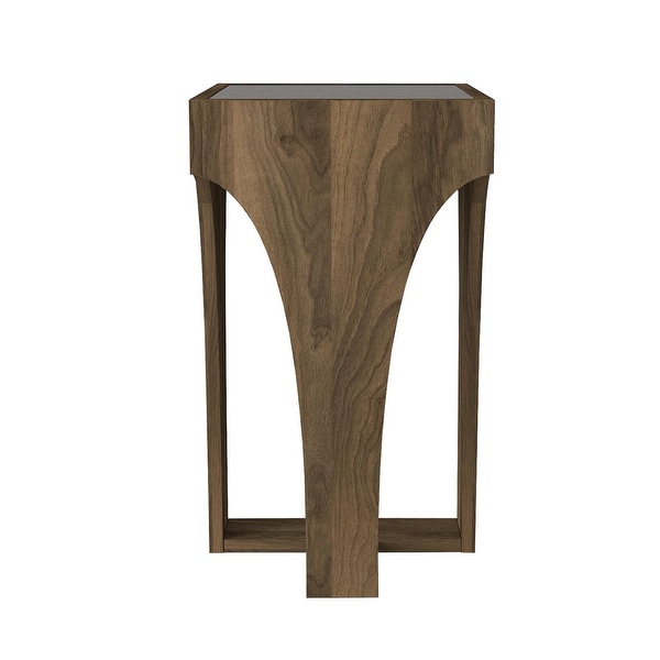 23 Inch Rectangular Glass Top Side Table, Chiseled Arch Panel Legs, Walnut, Smokey Black