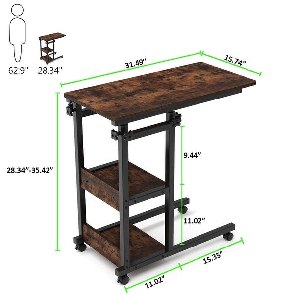 Height Adjustable C Table, Sofa Side Tables, Mobile End Table with Storage Shelves