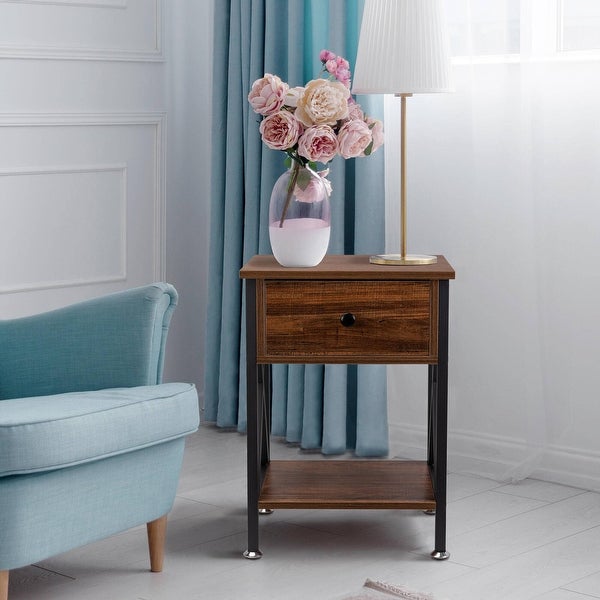 Nightstand with Drawer and Open Storage Shelves, Bedside End Table for Bedroom Living Room