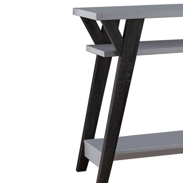 Wooden Console Table with 2 Lower Shelves, White and Distressed Gray