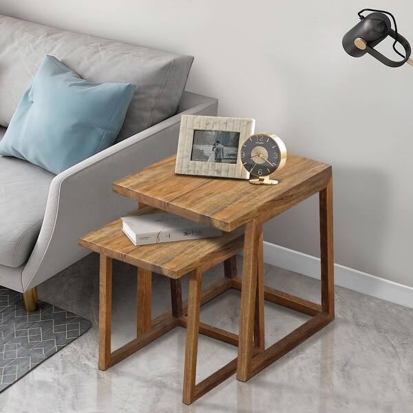 18, 15 Inch Rectangular 2 Piece Mango Wood Nesting Side Table Set with Grain Details, Brown