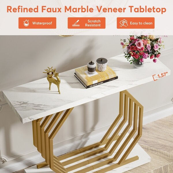 40 Inch Modern Gold Console Table, Faux Marble Entryway Table for Living Room
