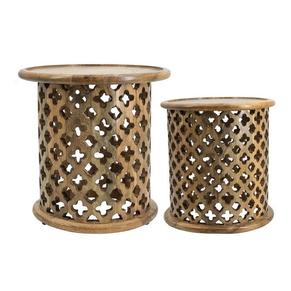 18, 16 Inch Side Tables, Mango Wood, Quatrefoil Design, Set of 2, Brown - 34 H x 23 W x 23 L