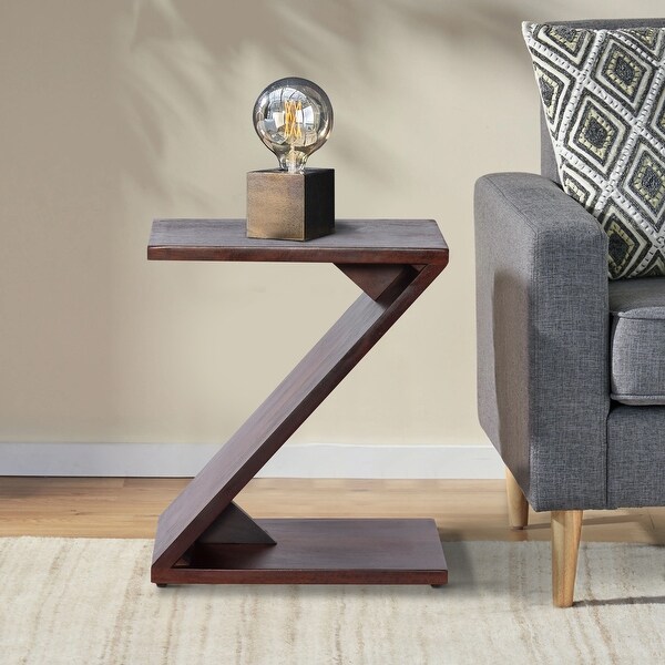 24 Inch Rectangular Mango Wood Side Table, Z Shaped Frame, Dark Brown