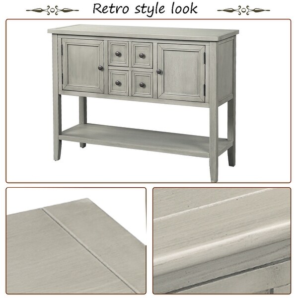 Wooden Console Table with 4 Storage Drawers and 2 Cabinets, Sofa Table with Bottom Shelf and Solid Wood Legs, Antique Gray