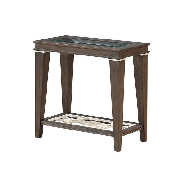 Wood and Glass Side Table with Cut Out Design, Brown