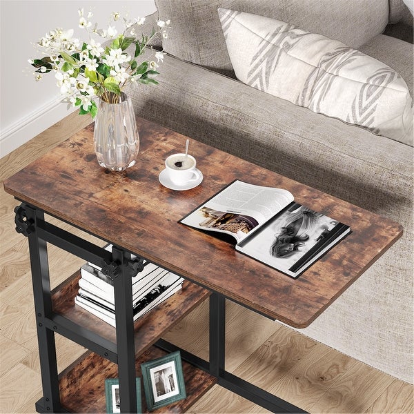 Height Adjustable C Table, Sofa Side Tables, Mobile End Table with Storage Shelves