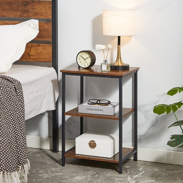 Set of 2 End Table With Wood Storage Shelf, 3-Tier Bedside Sofa Side End Table Storage Display Shelf