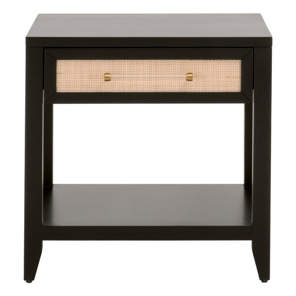 24 Inch Wood Side Table with Rattan Front Drawer, Bottom Shelf, Black