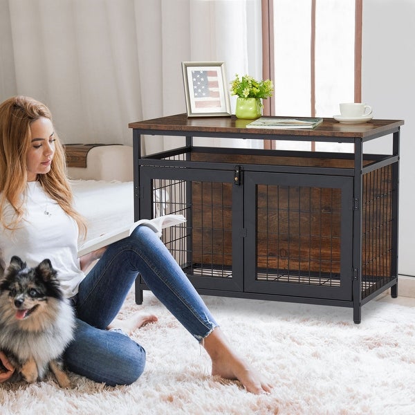 Dog Crate Furniture with Double Doors, Wooden Dog Crate, Indoor Dog Kennel w/ Metal Wire Mesh, Pet Crate End Table