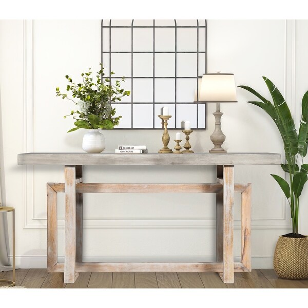 59 Inch Artisan Crafted Farmhouse Console Table with Geometric Interlocked Base, Rustic Light Brown