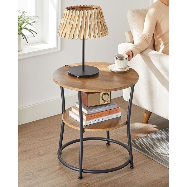 Side Table, Round End Table with 2 Shelves, Living Room, Bedroom, Easy Assembly, Steel Frame, Rustic Walnut and Black