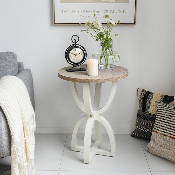 Farmhouse Round End Table, Rustic Wood Side Table for Living Room/Bedroom, White/Natural
