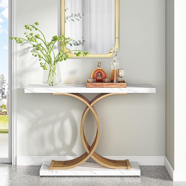 Console Table, Faux Marble Hallway Table with Geometric Metal Legs - 11.81