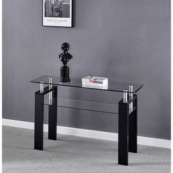 Black MDF Console Table, Tempered Glass Top, Modern Foyer Area Table