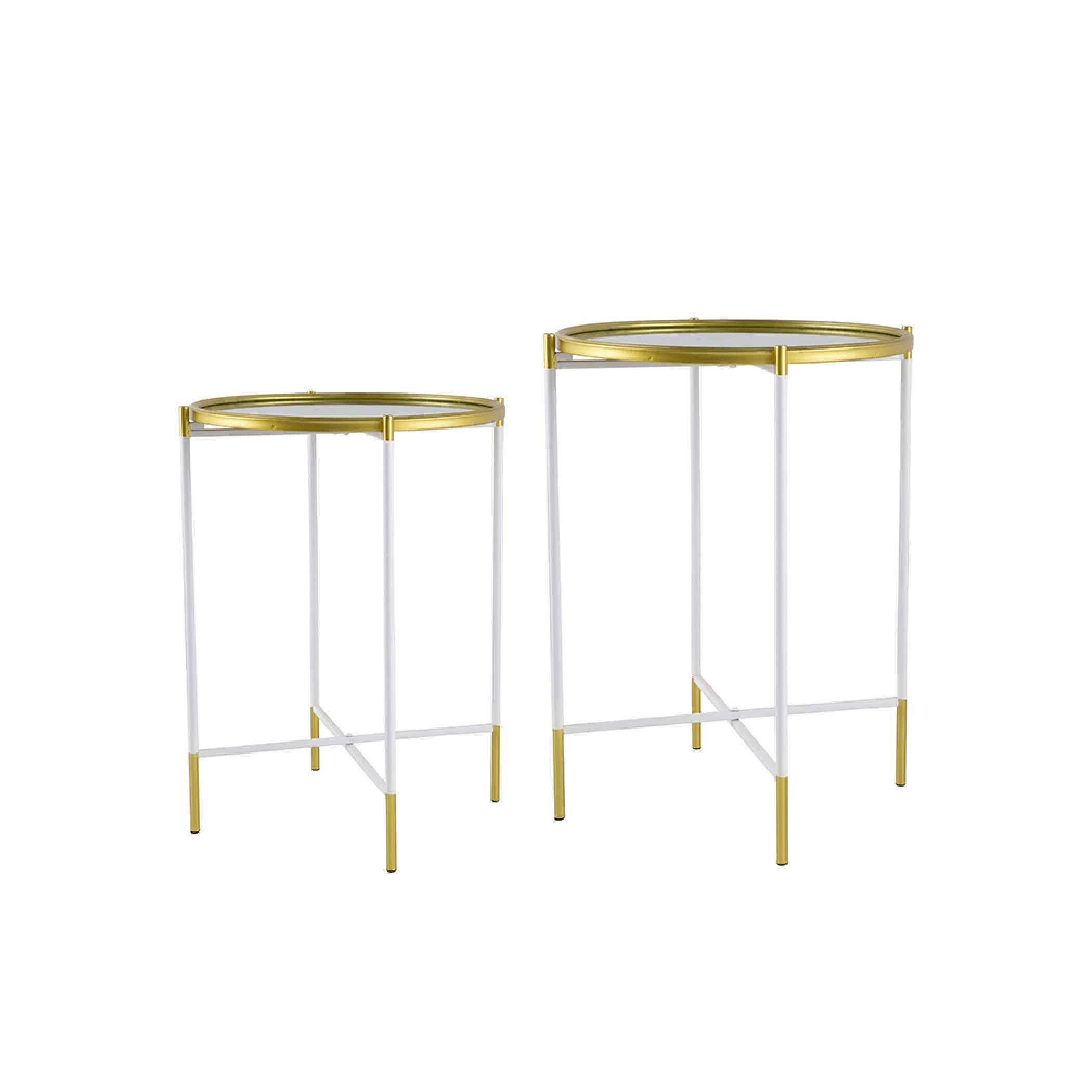 AandB Home Mirror Top Round Side Table - Set of 2 - Gold/White