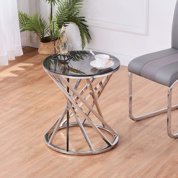 Round Glass Top Side Table with Stainless Steel Frame for Living Room, Modern Spiral Center Table Small Coffee Table End Table