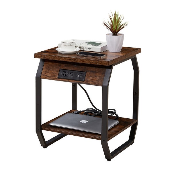 Set of 2 Side Tables with Charging Station, End Tables with USB Ports and Sockets, Bedside Tables for Living Room, Bedroom