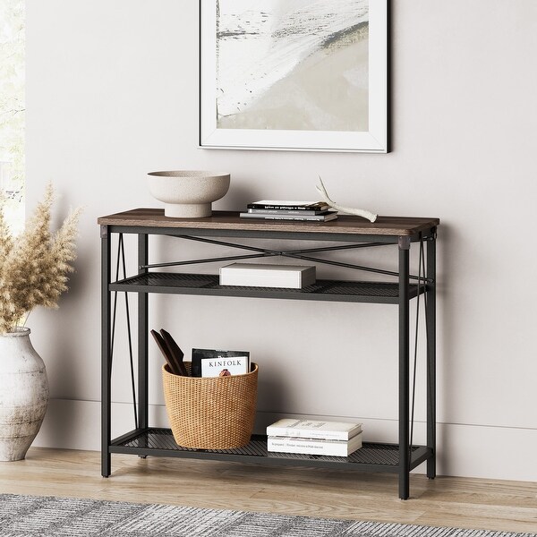 HOMOOI Console Sofa Table Industrial, 3-Tier Narrow Long Entryway Table with Mesh Storage Shelves, Spliced Woodgrain Top, 39.4
