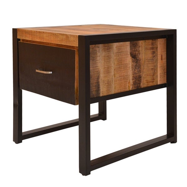 24 Inch Single Drawer Wooden Side Table with Metal Frame, Brown and Black