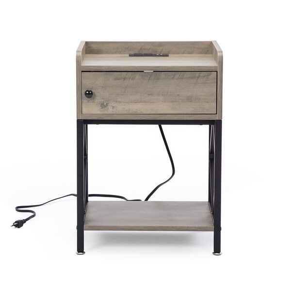Farmhouse Wood Nightstand with Charging Station, USB Ports, and Shelf, Adjustable Foot Pads Set of 2